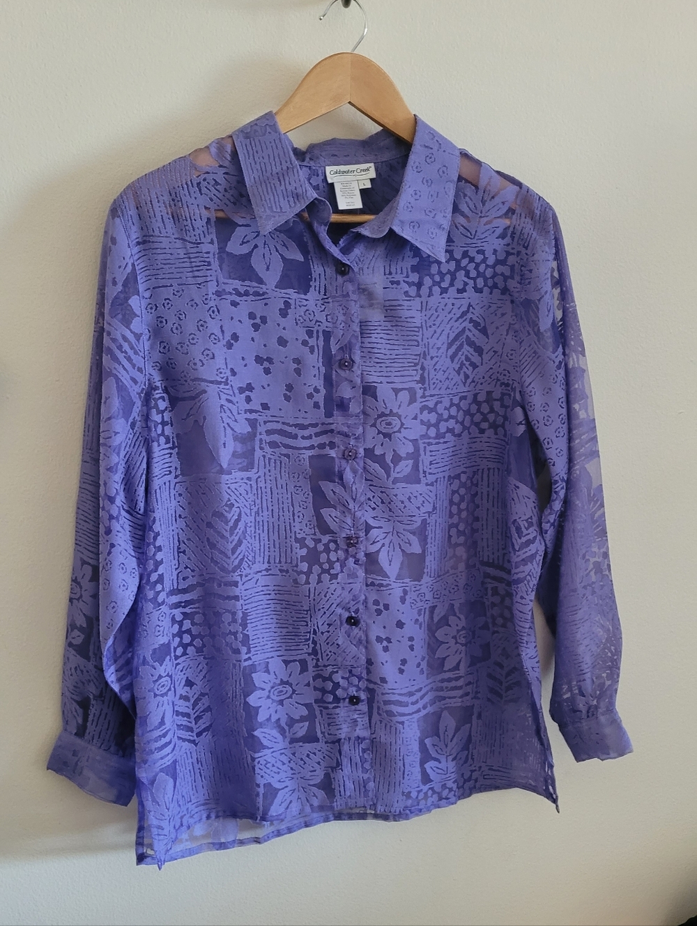 Coldwater Creek Purple Sheer Floral Button-Up Blouse